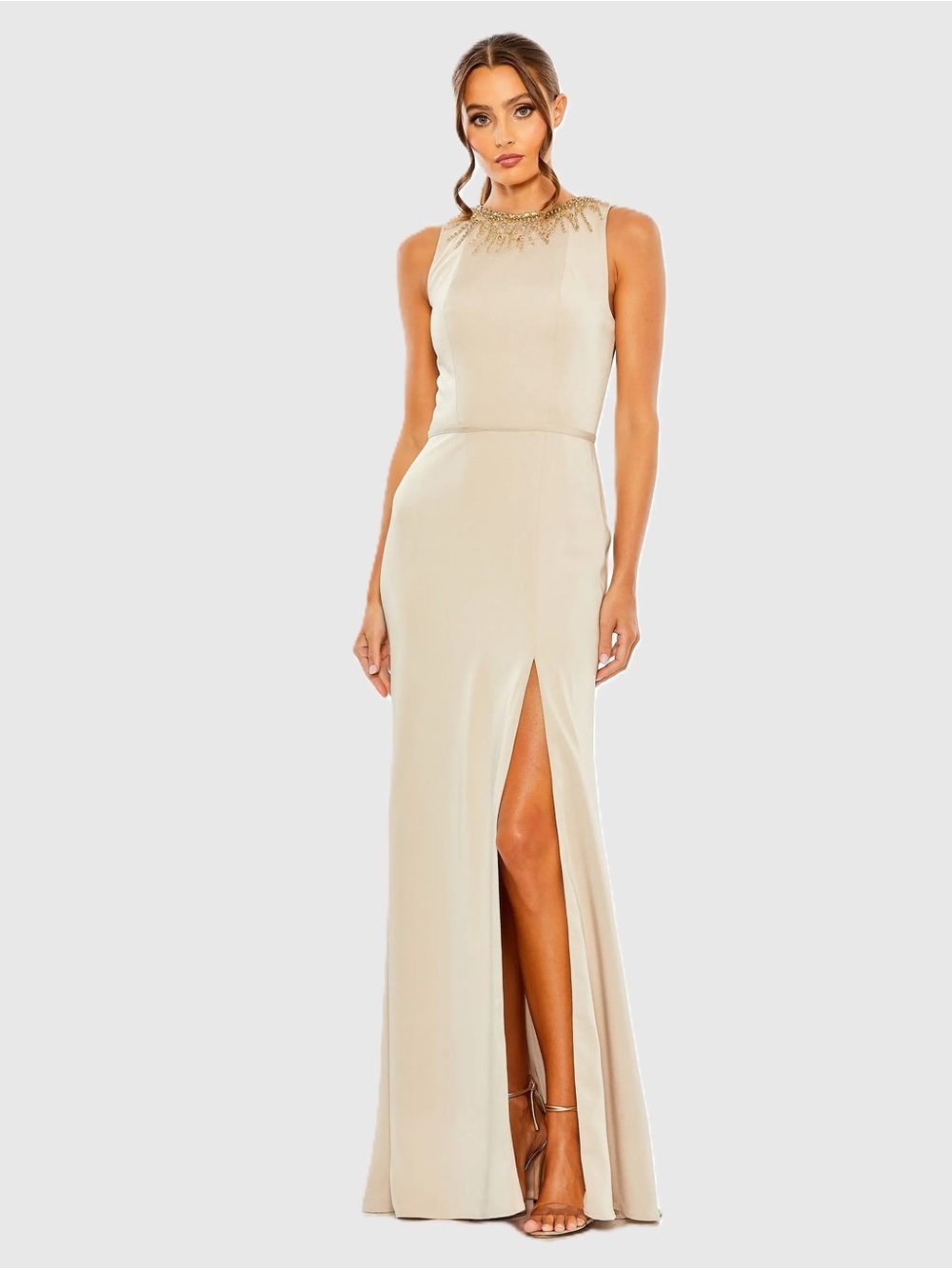 Mac Duggal 26516 Beige High Neck Rhinestone Column Gown With Slit sz 8